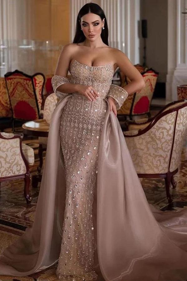 Suzhoufashion Strapless Formal Dress Beaded Tulle Organza Prom Dress with Panel Train