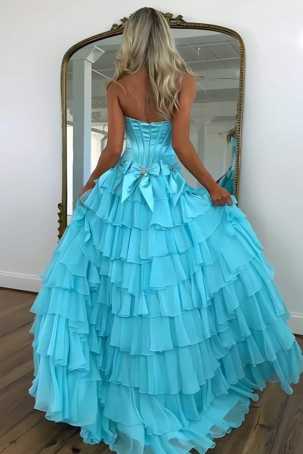 Suzhoufashion Strapless Tiered Princess A-Line Prom Dress With Slit And Bow Formal Evening Gown