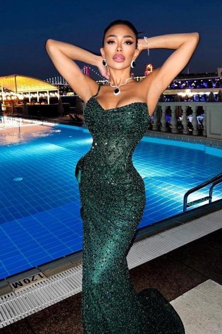 Suzhoufashion Stunning Dark Green Spaghetti-Straps Long Mermaid Evening Gowns With Split