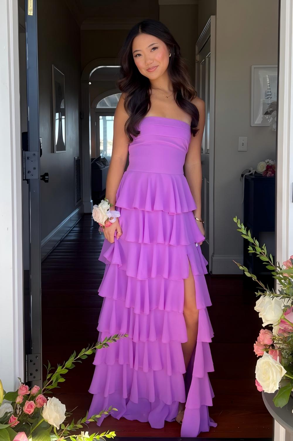 Suzhoufashion Stylish A Line Strapless Purple Long Prom Dress With Ruffles Split Front Formal Evening Gown
