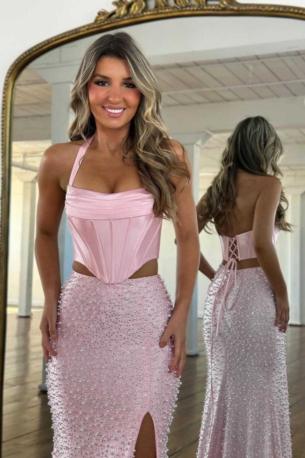 Suzhoufashion Stylish Blush Pink Halter Satin Top Two Piece Mermaid Prom Dress With Pearls Formal Evening Gown