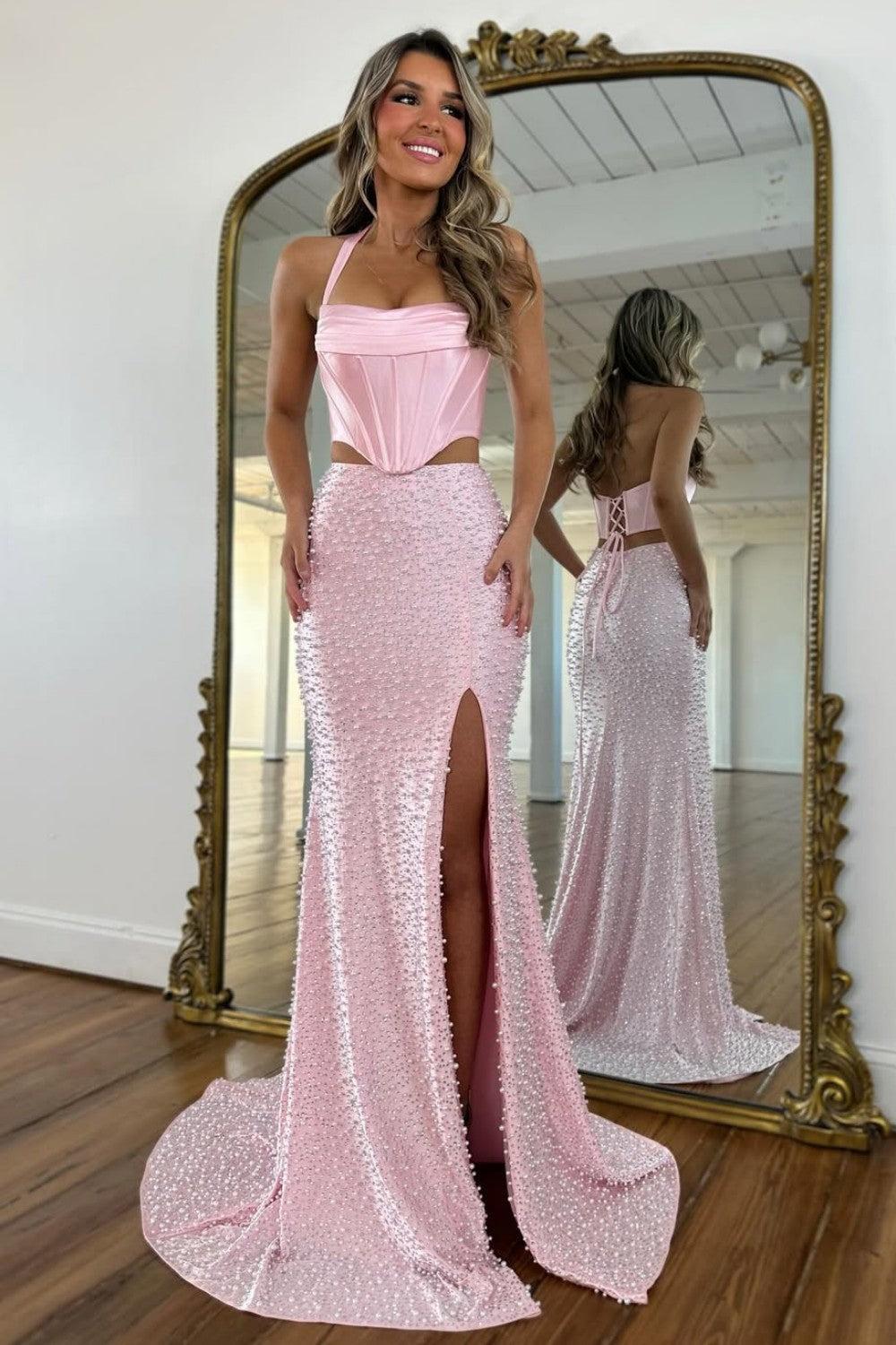 Suzhoufashion Stylish Blush Pink Halter Satin Top Two Piece Mermaid Prom Dress With Pearls Formal Evening Gown