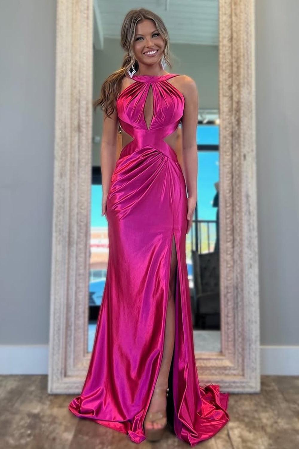 Suzhoufashion Stylish Fuchsia Metallic Mermaid Prom Dress With Slit And Open Back Formal Evening Gown