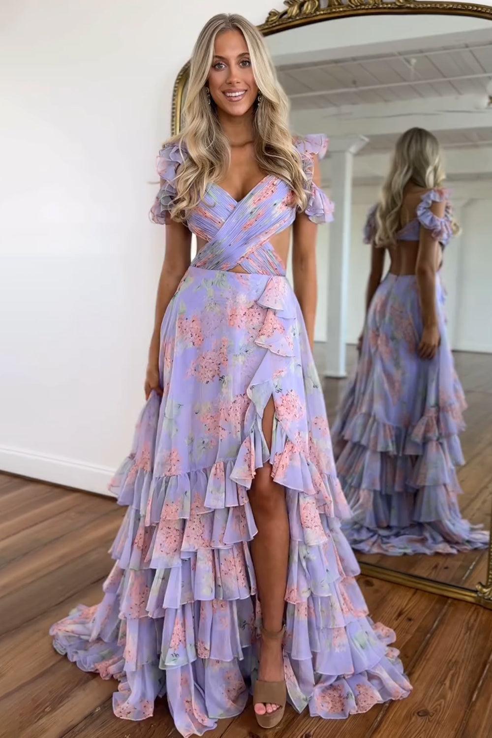 Suzhoufashion Stylish Purple Print A Line Off The Shoulder Long Layered Prom Dress With Slit Formal Evening Gown