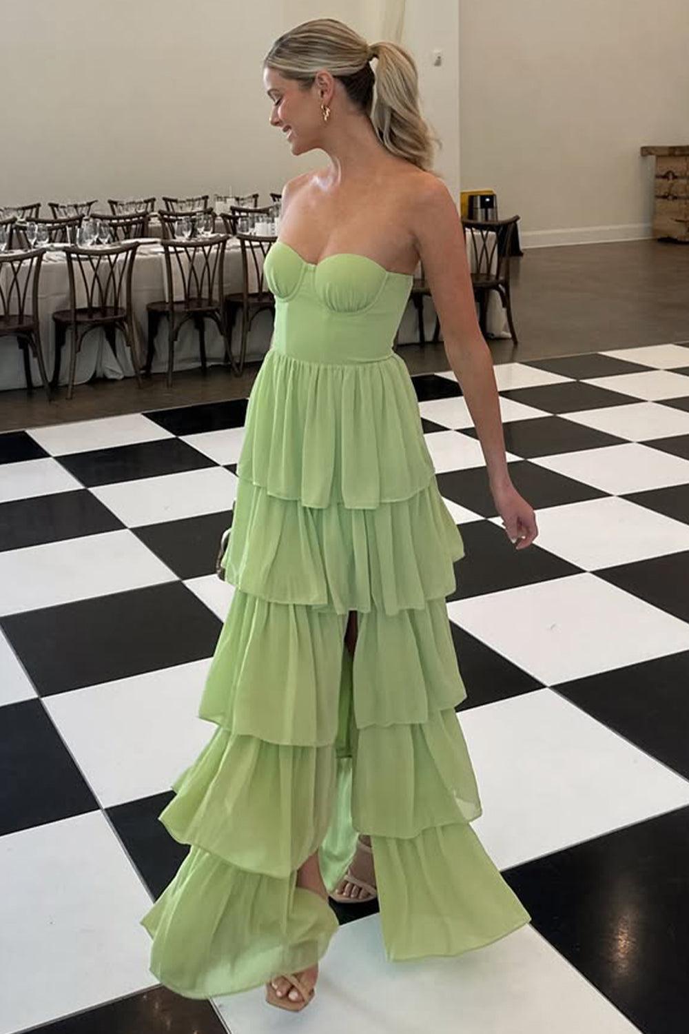 Suzhoufashion Sweetheart Light Green Layered Ruffle Evening Dress With Slit Formal Evening Gown