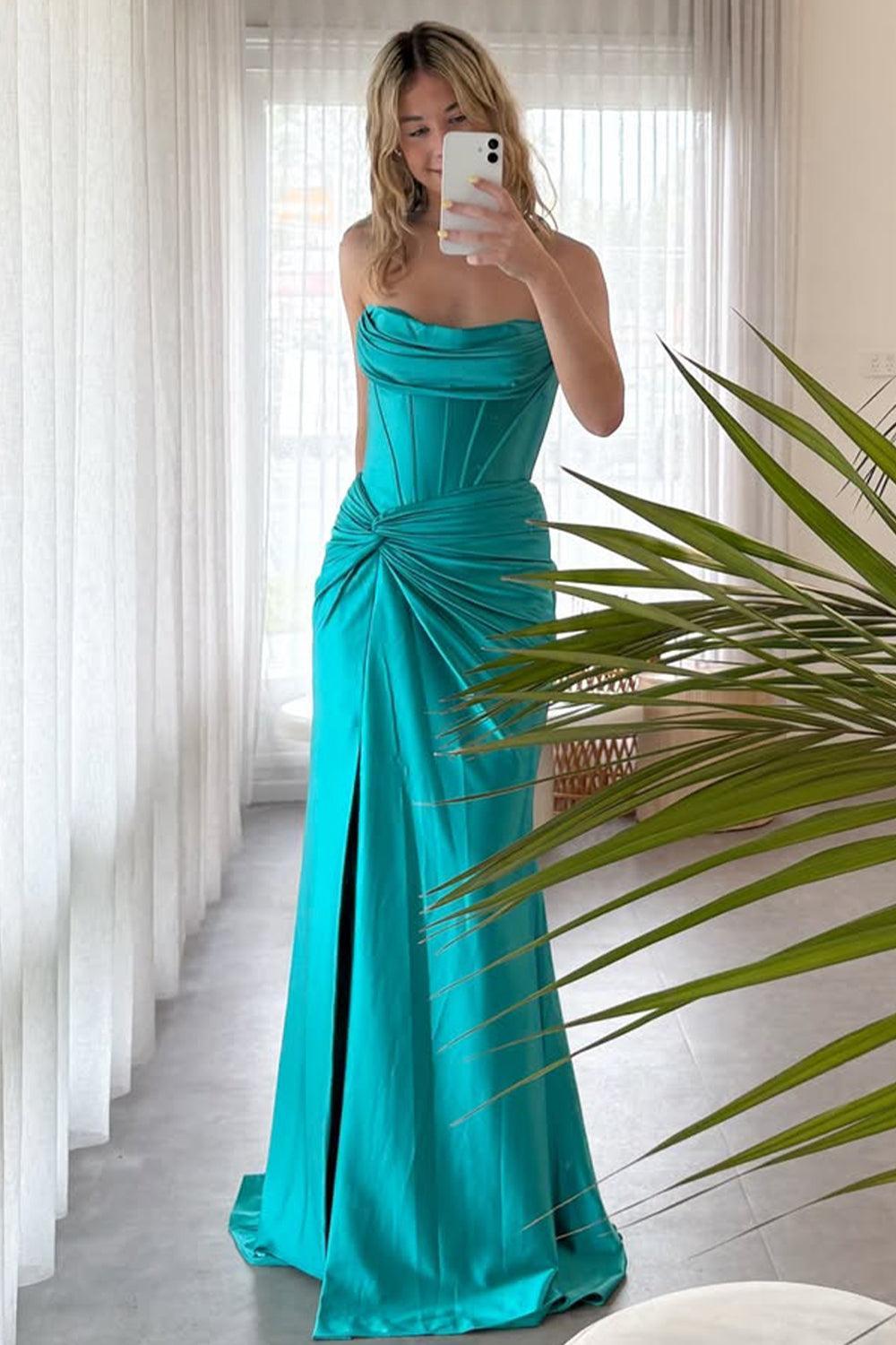 Suzhoufashion Teal Strapless Satin Evening Dress With Draped Neckline And Slit Skirt Formal Evening Gown
