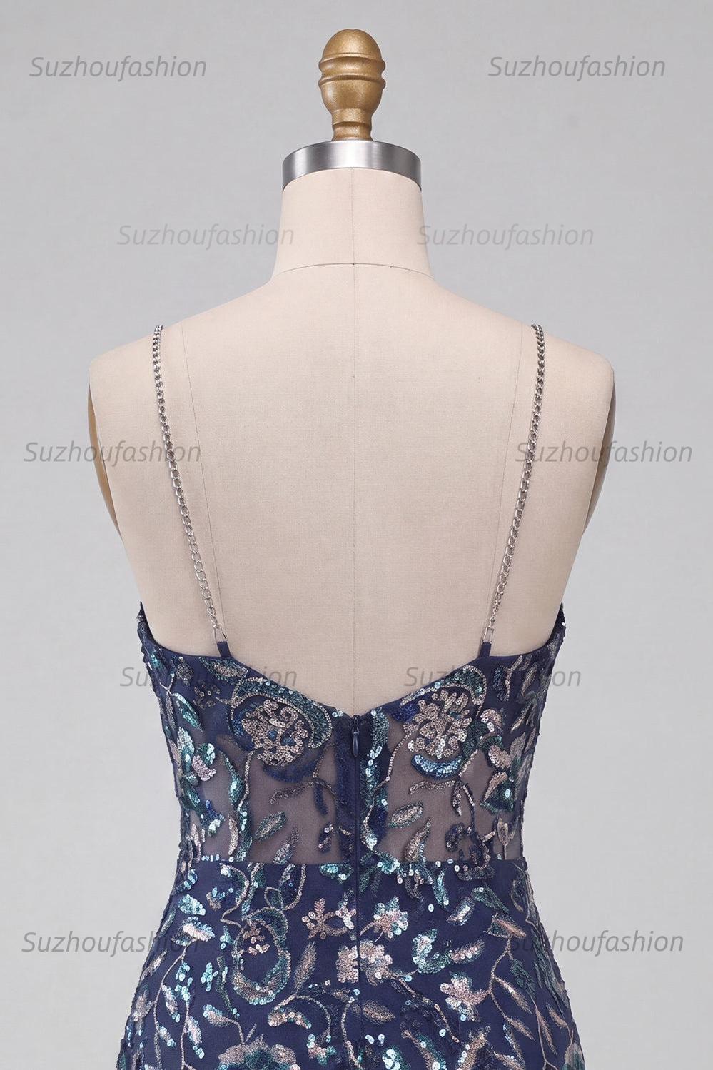 Suzhoufashion Tight Sequins Floral Navy Short Homecoming Dress with Slit