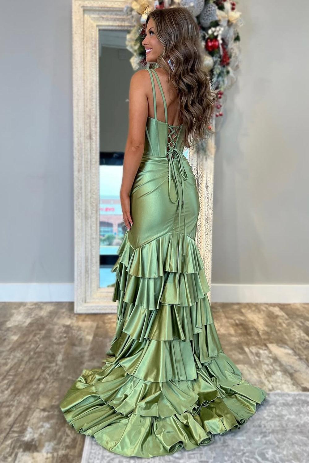 Suzhoufashion Trendy Mermaid V-Neck Sage Green Long Prom Dress With Ruffles Formal Evening Gown