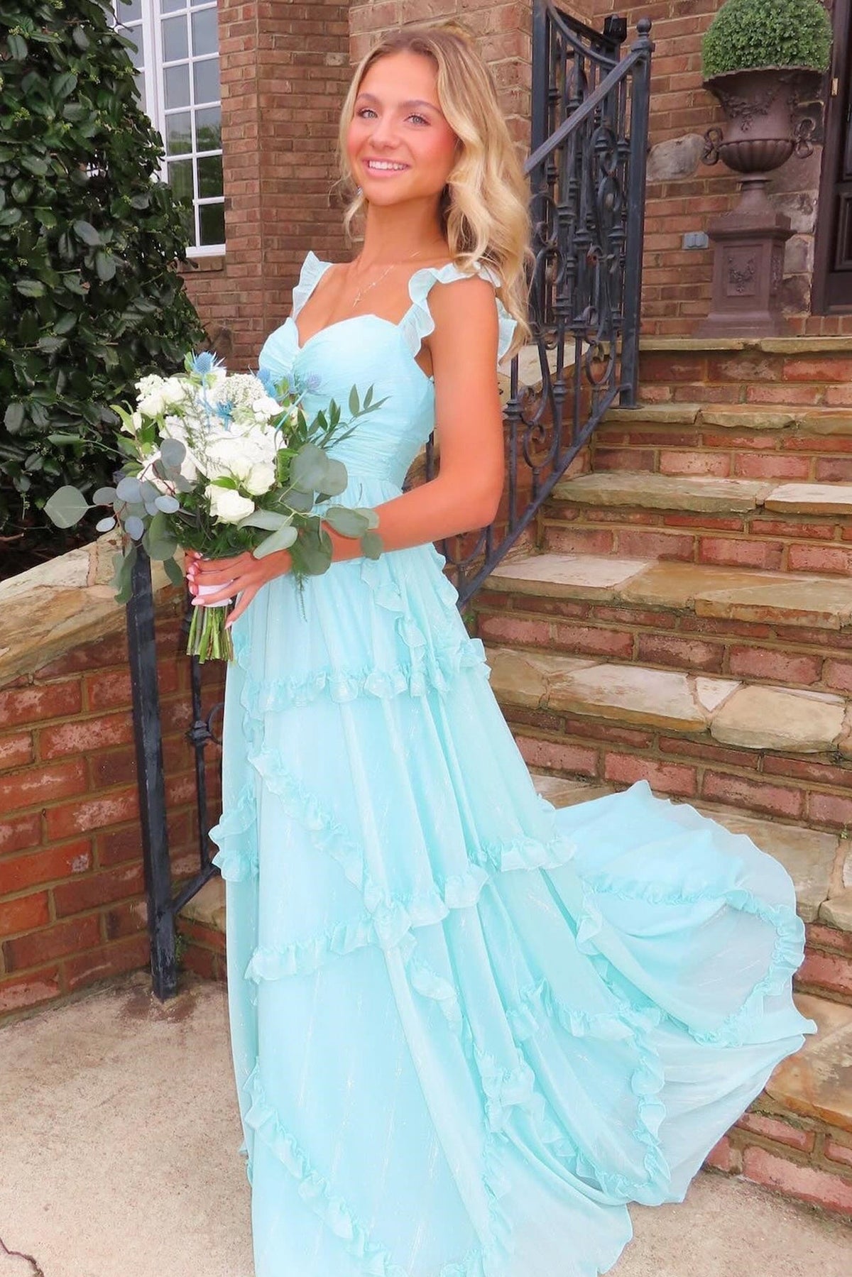 Suzhoufashion Trenidng A Line Sweetheart Blue Long Prom Dress With Ruffles Formal Evening Gown