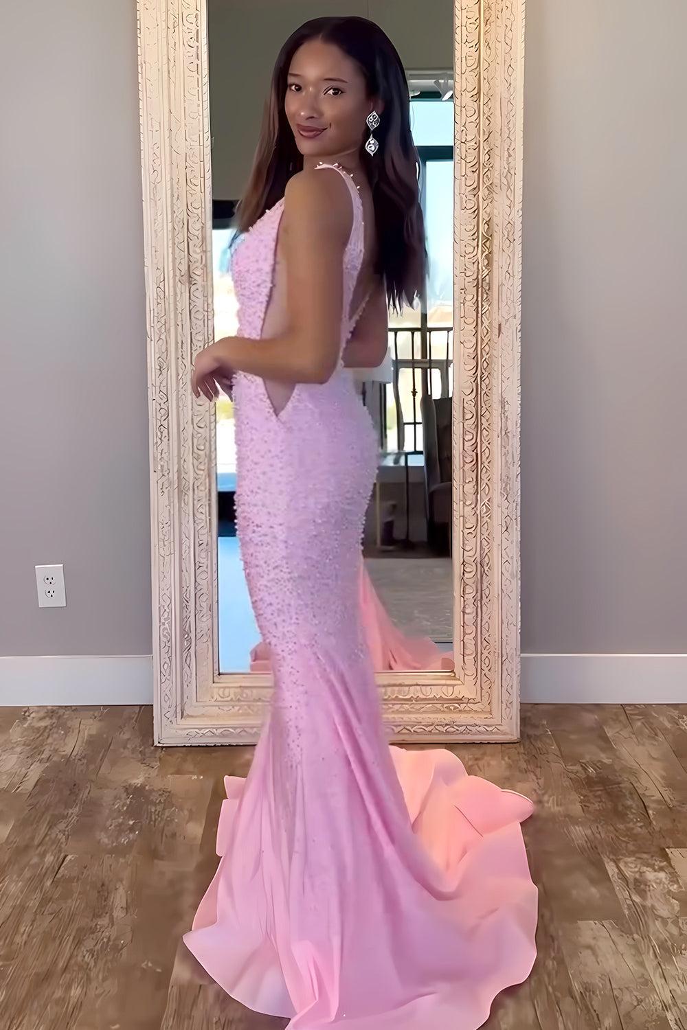 Suzhoufashion V-Neck Beaded Mermaid Prom Dress With Side Illusion Formal Evening Gown