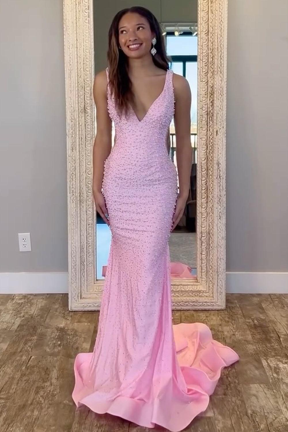 Suzhoufashion V-Neck Beaded Mermaid Prom Dress With Side Illusion Formal Evening Gown