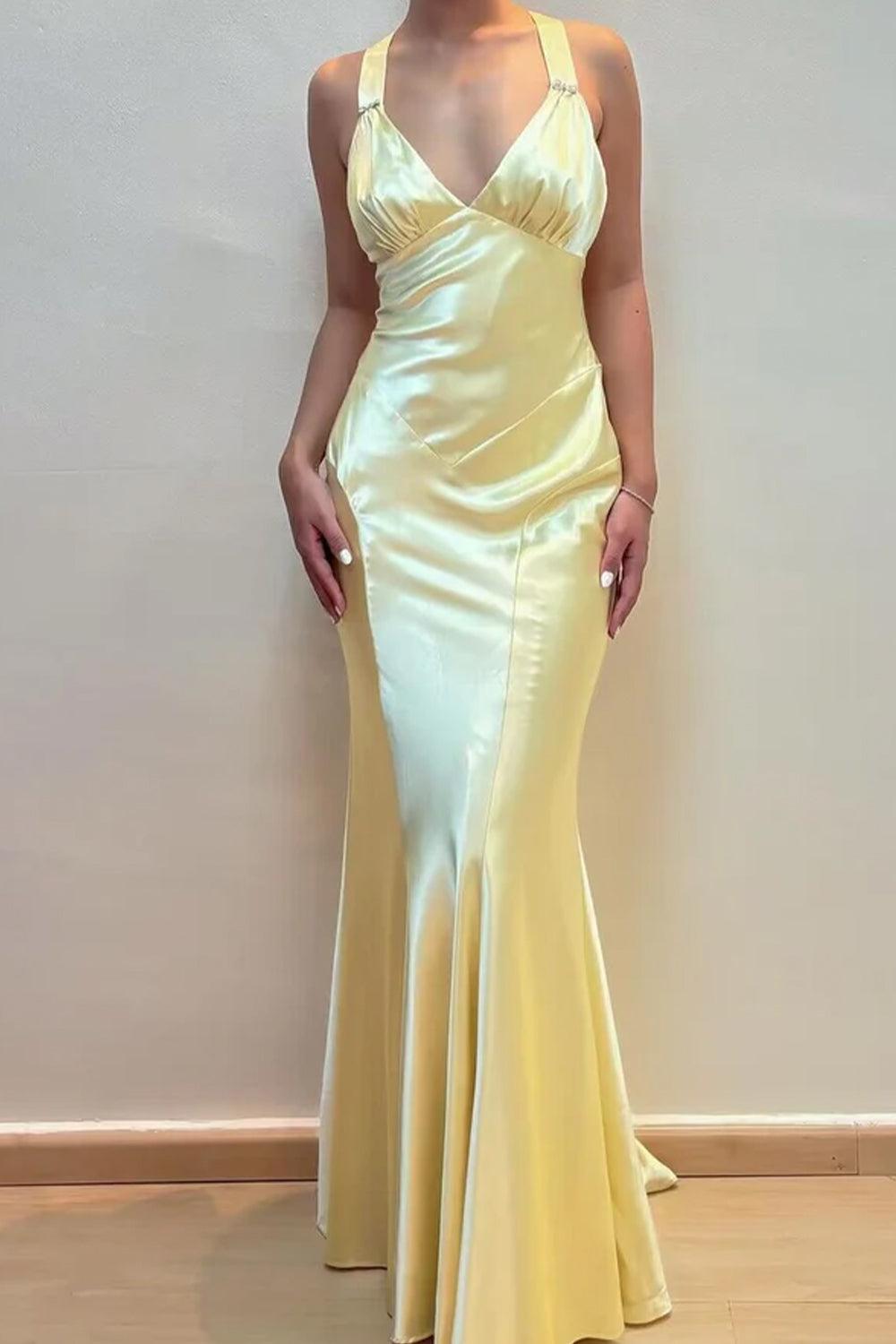 Suzhoufashion V-Neck Cross Back Yellow Satin Prom Gown With Ruched Detailing Formal Evening Gown