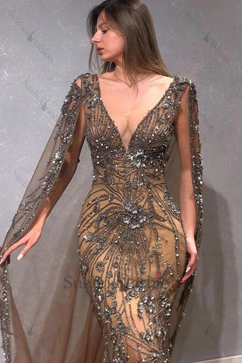 Suzhoufashion V Neck Mermaid Formal Dress Beaded Floor Length Evening Dress with Watteau Train