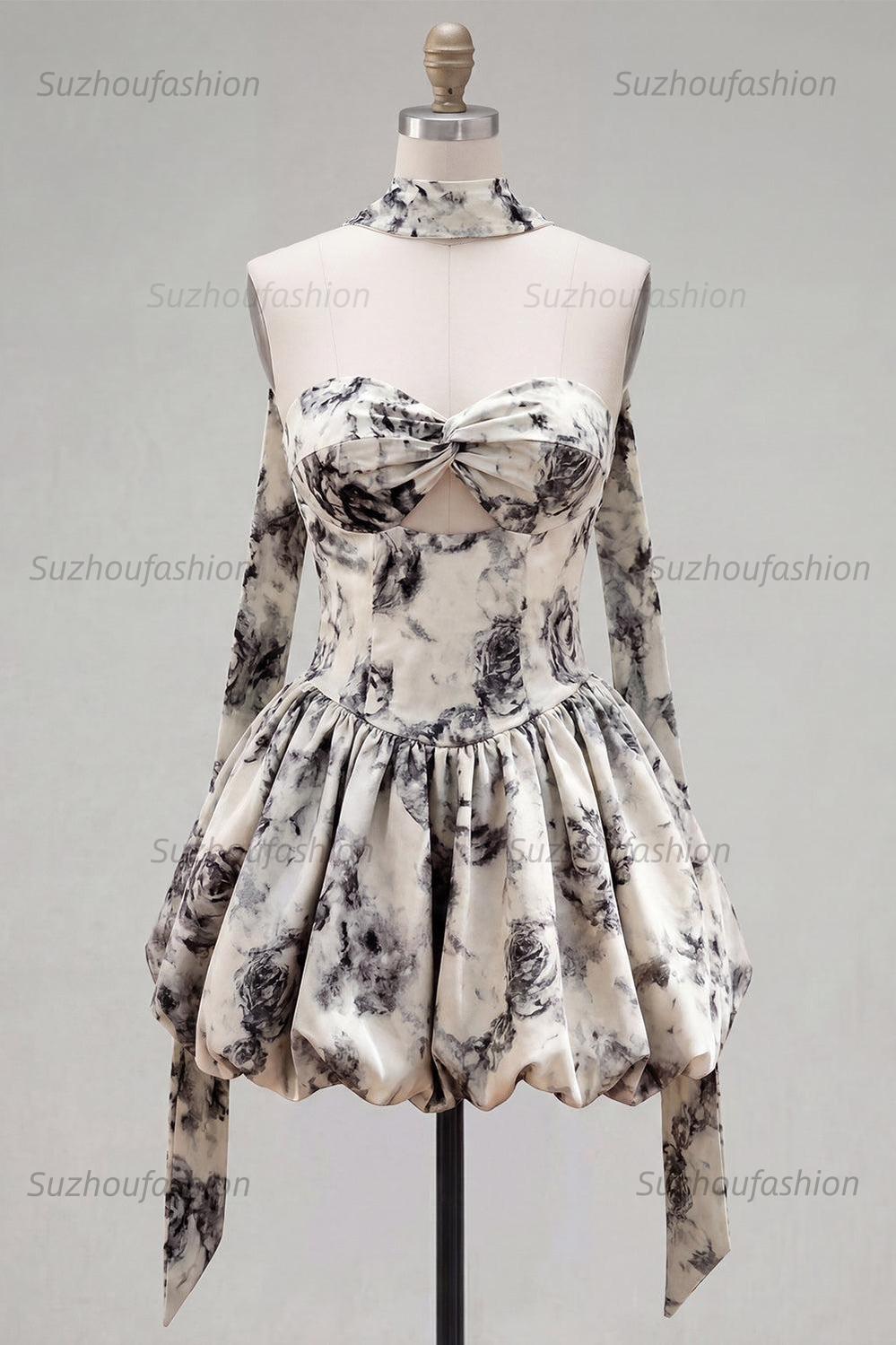 Suzhoufashion White & Black Floral Strapless Keyhole A-Line Short Homecoming Dress