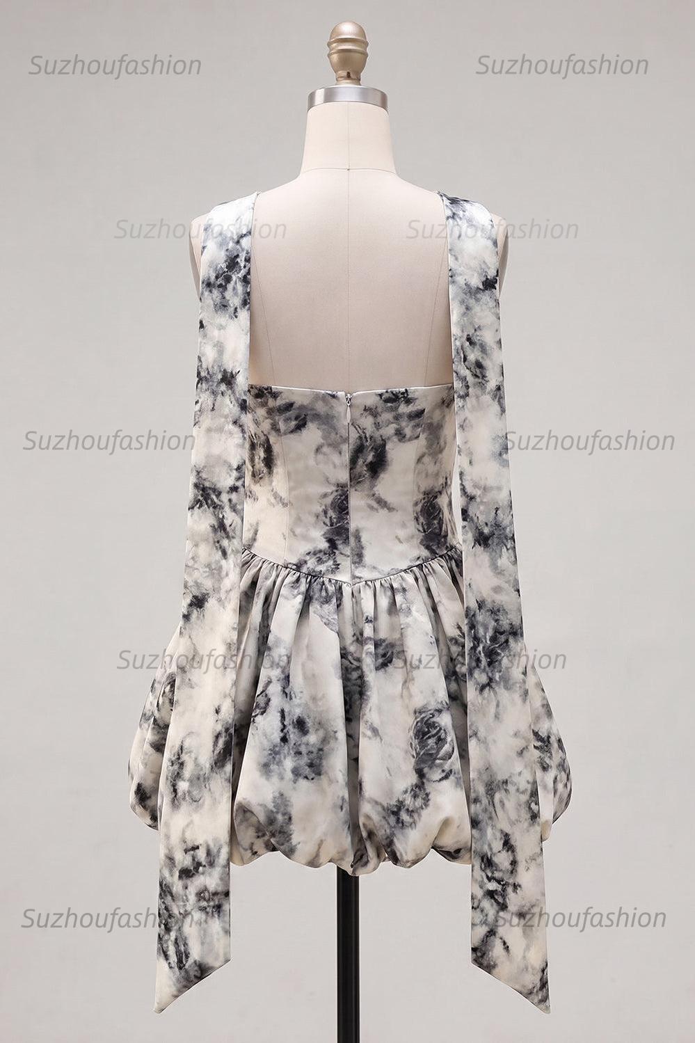 Suzhoufashion White & Black Floral Strapless Keyhole A-Line Short Homecoming Dress