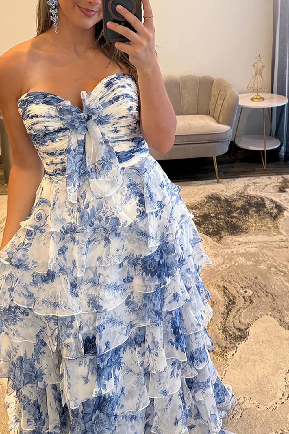 Suzhoufashion White Blue Floral Prom Dress Sweetheart A Line Tiered Ruffled Long Formal Dress With Bow