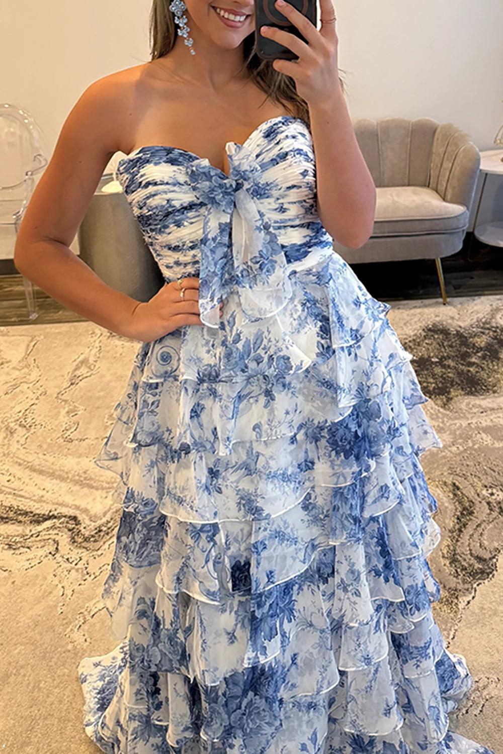Suzhoufashion White Blue Floral Prom Dress Sweetheart A Line Tiered Ruffled Long Formal Dress With Bow