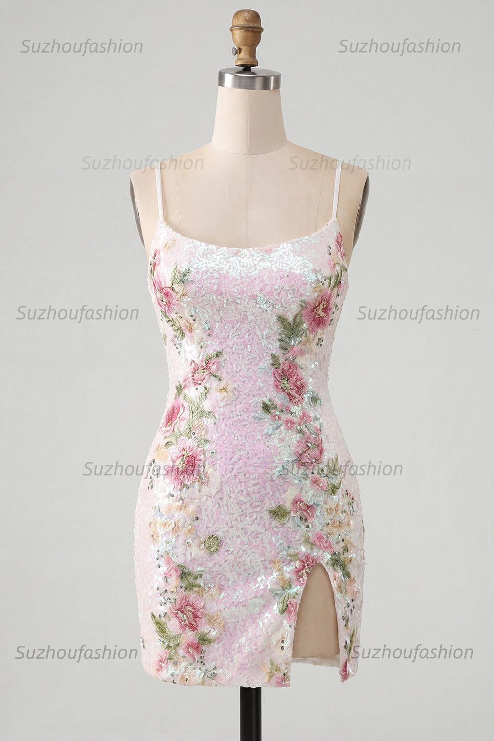 Suzhoufashion White Floral Spaghetti Straps Tight Short Homecoming Dress with Slit