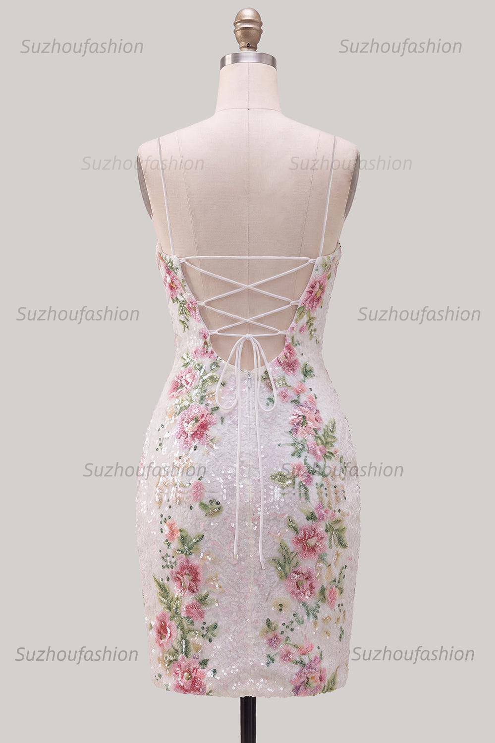 Suzhoufashion White Floral Spaghetti Straps Tight Short Homecoming Dress with Slit