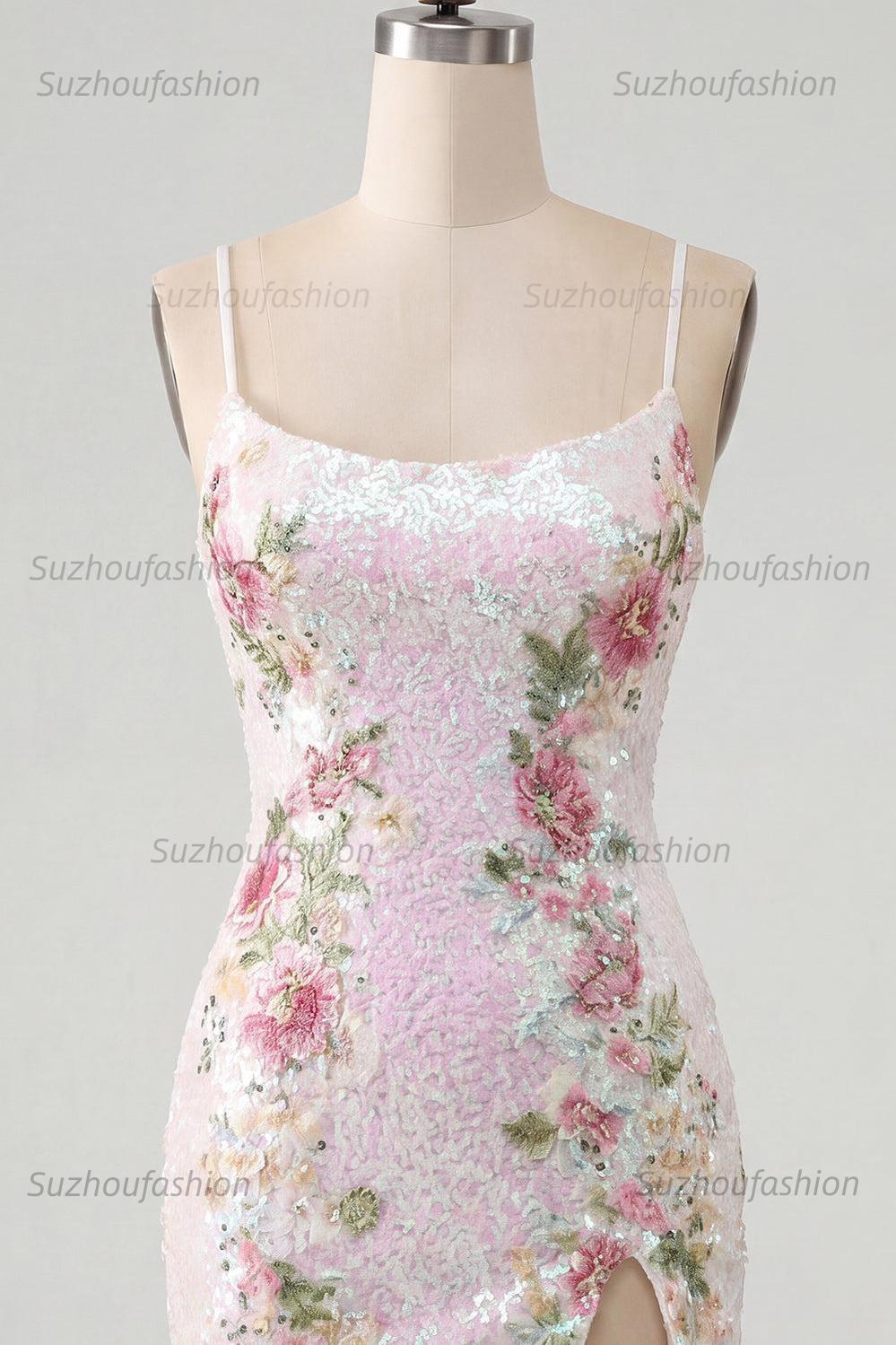 Suzhoufashion White Floral Spaghetti Straps Tight Short Homecoming Dress with Slit
