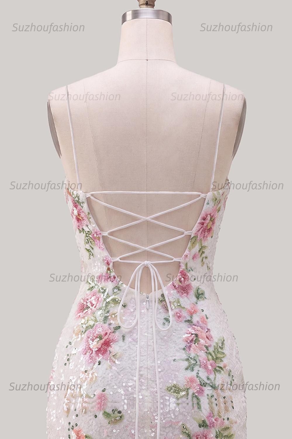 Suzhoufashion White Floral Spaghetti Straps Tight Short Homecoming Dress with Slit