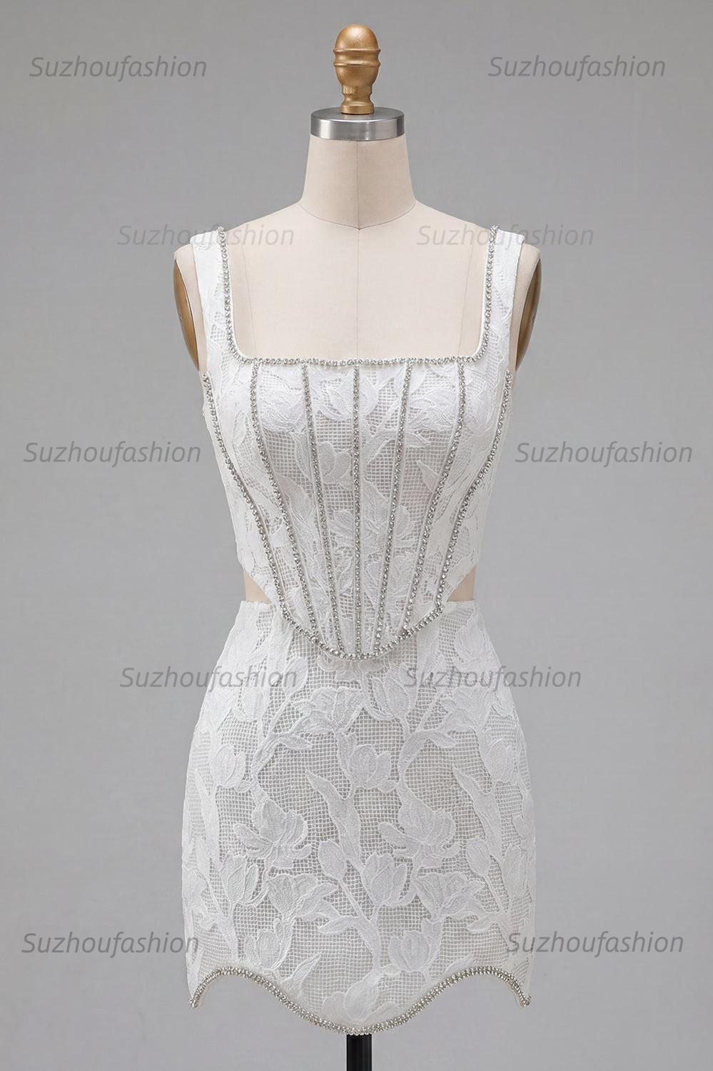 Suzhoufashion White Floral Square Neck Cut-Out Corset Tight Short Homecoming Dress
