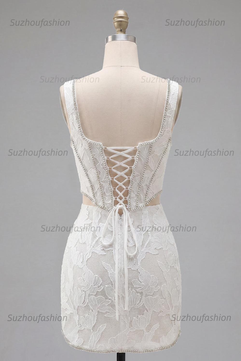 Suzhoufashion White Floral Square Neck Cut-Out Corset Tight Short Homecoming Dress