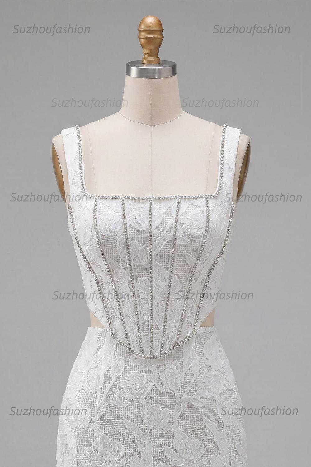 Suzhoufashion White Floral Square Neck Cut-Out Corset Tight Short Homecoming Dress