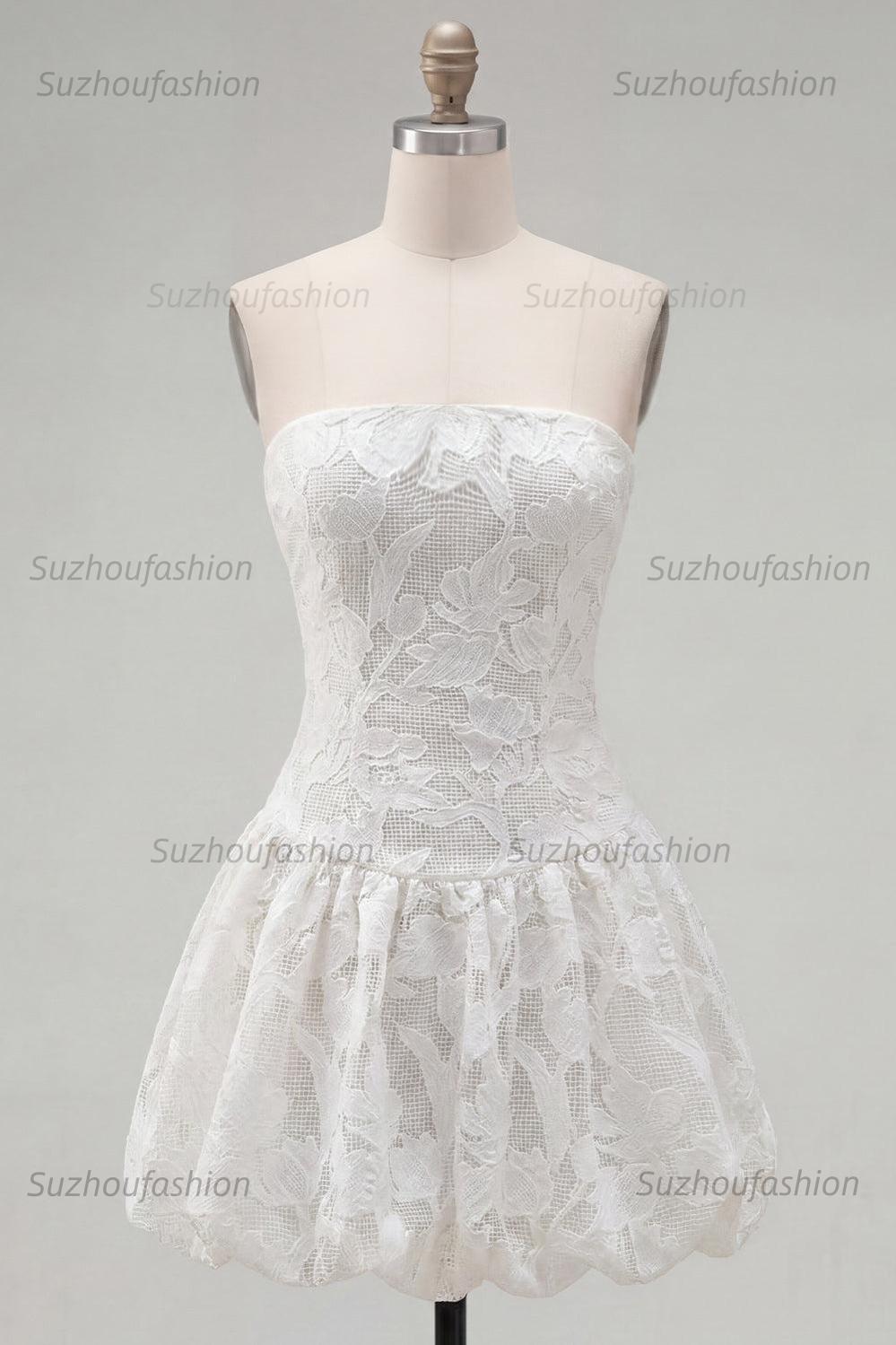 Suzhoufashion White Floral Strapless A-Line Short Homecoming Dress