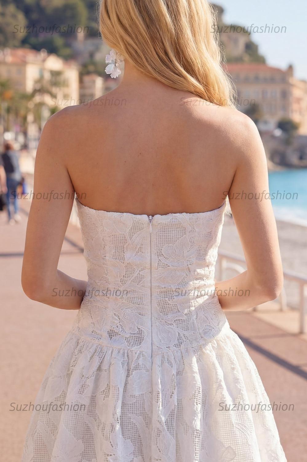 Suzhoufashion White Floral Strapless A-Line Short Homecoming Dress