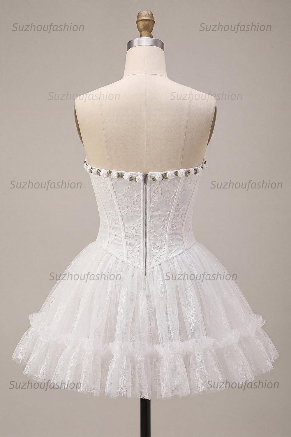 Suzhoufashion White Lace A-Line Corset Short Homecoming Dress with 3D Flowers