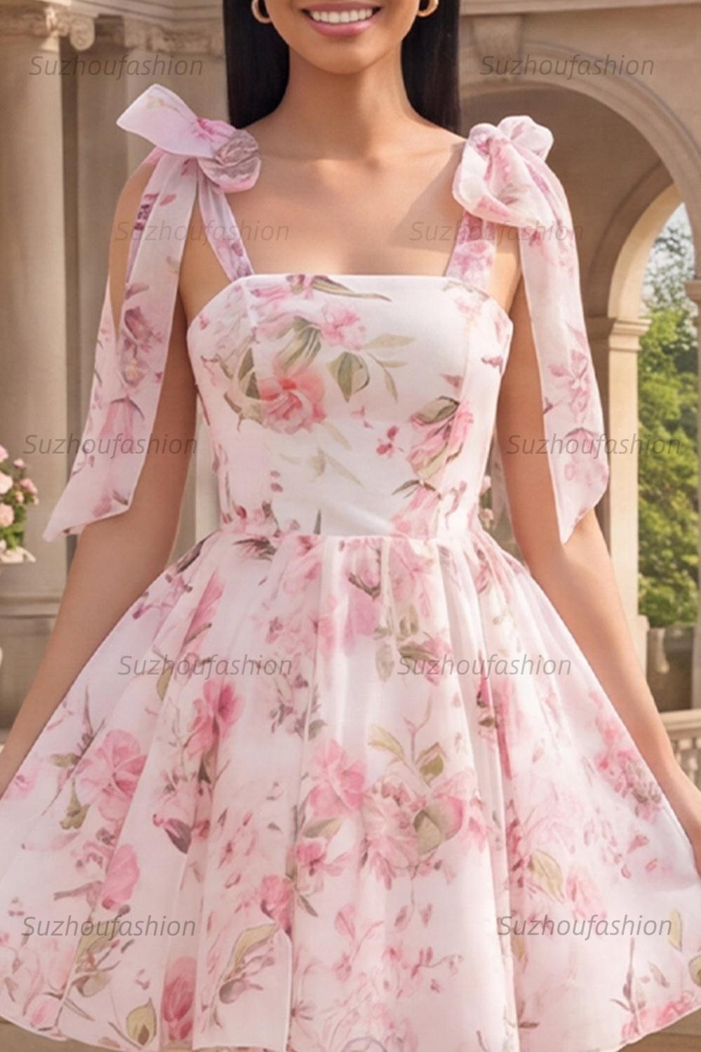 Suzhoufashion White & Pink Floral A-Line Short Homecoming Dress with Bows