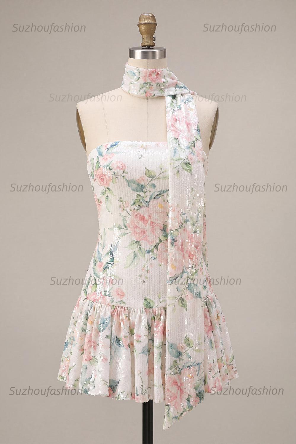 Suzhoufashion White Pink Flower A-Line Sequin Short Homecoming Dress with Neck Scarf