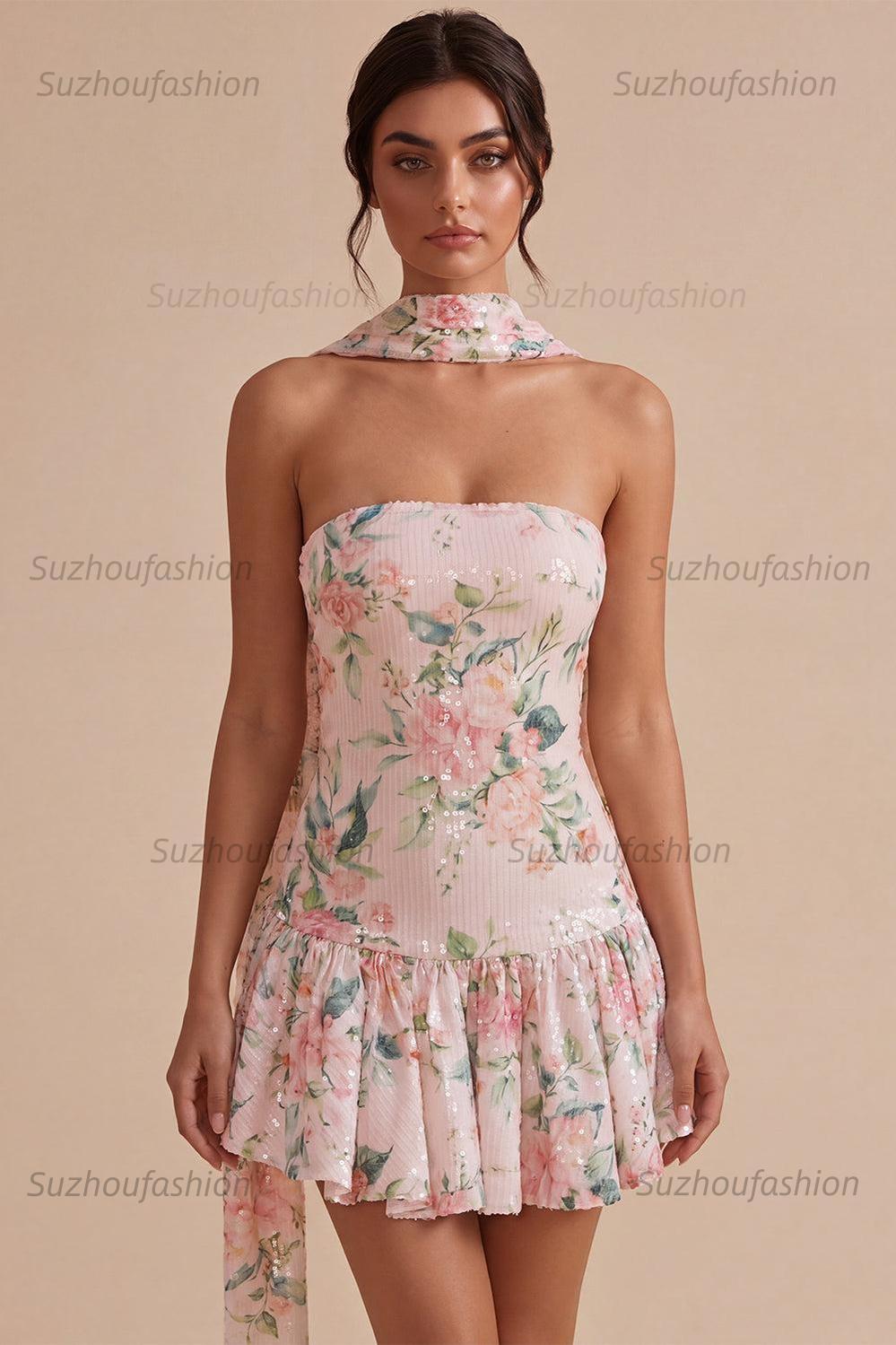 Suzhoufashion White Pink Flower A-Line Sequin Short Homecoming Dress with Neck Scarf