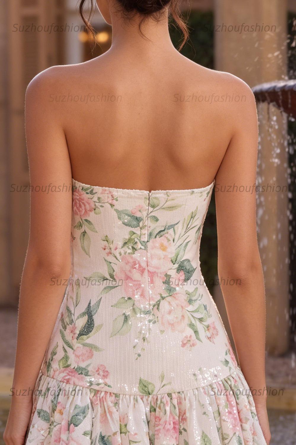 Suzhoufashion White Pink Flower A-Line Sequin Short Homecoming Dress with Neck Scarf