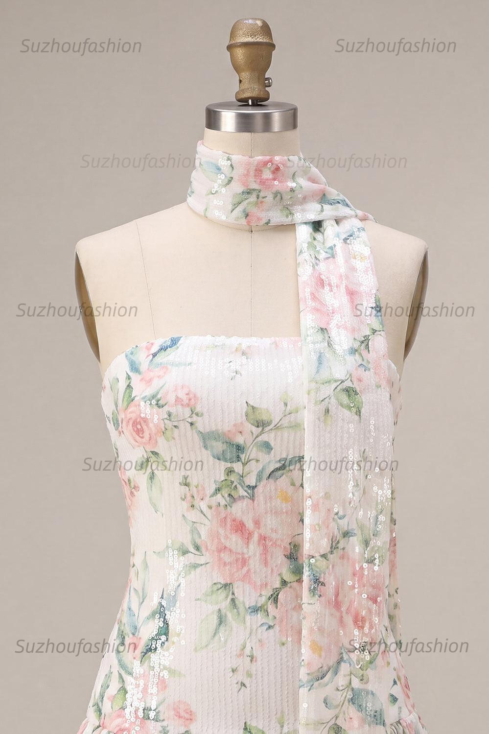 Suzhoufashion White Pink Flower A-Line Sequin Short Homecoming Dress with Neck Scarf