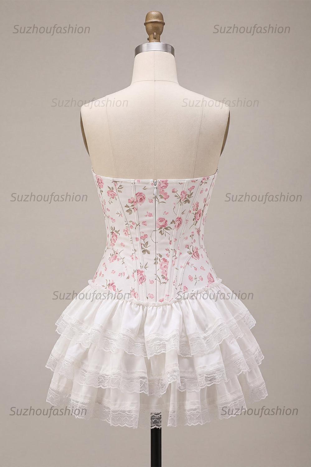Suzhoufashion White Pink Flower Strapless Corset Short Homecoming Dress with Ruffles