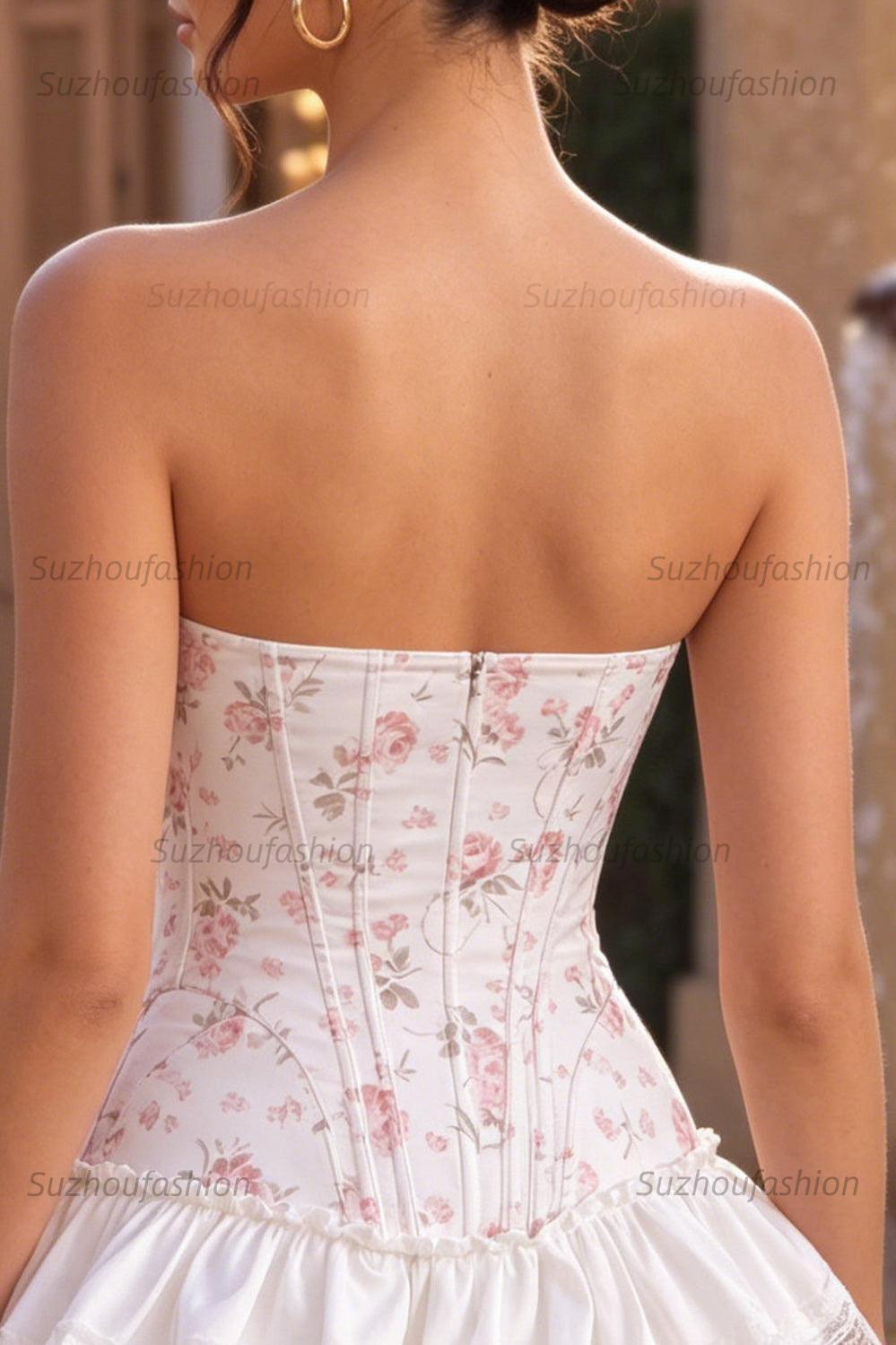 Suzhoufashion White Pink Flower Strapless Corset Short Homecoming Dress with Ruffles