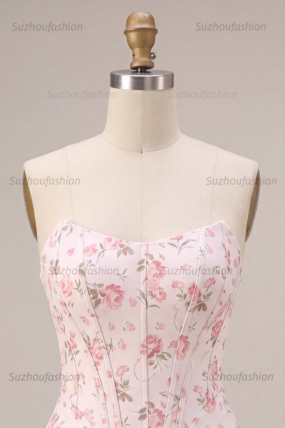 Suzhoufashion White Pink Flower Strapless Corset Short Homecoming Dress with Ruffles