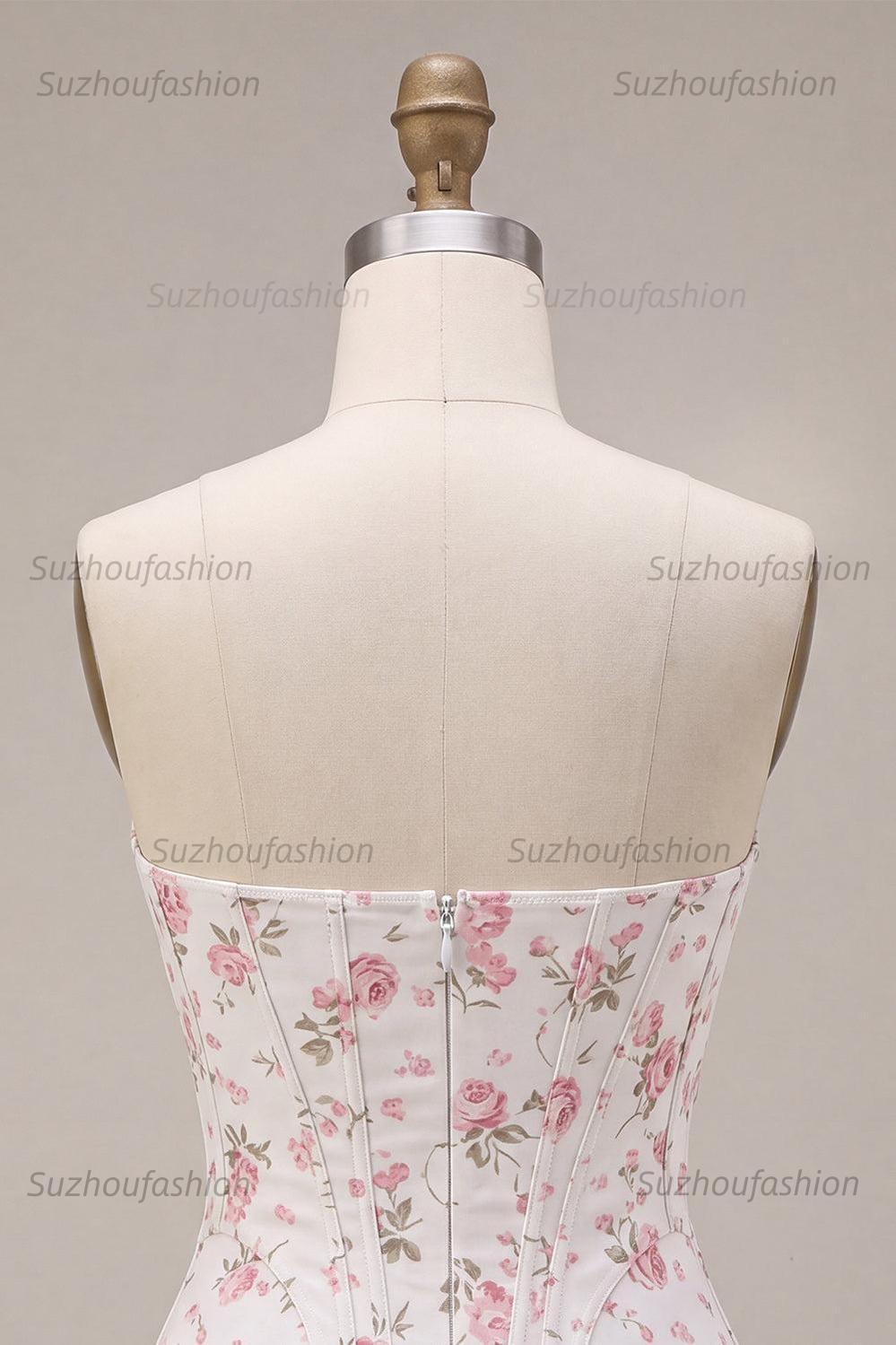 Suzhoufashion White Pink Flower Strapless Corset Short Homecoming Dress with Ruffles