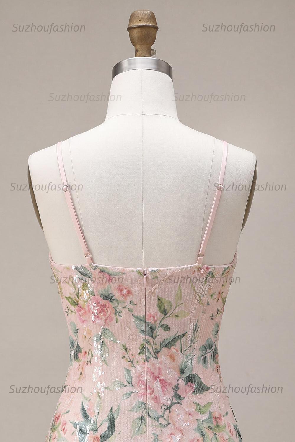 Suzhoufashion White Pink Flower Tight Fringed Sequin Short Homecoming Dress