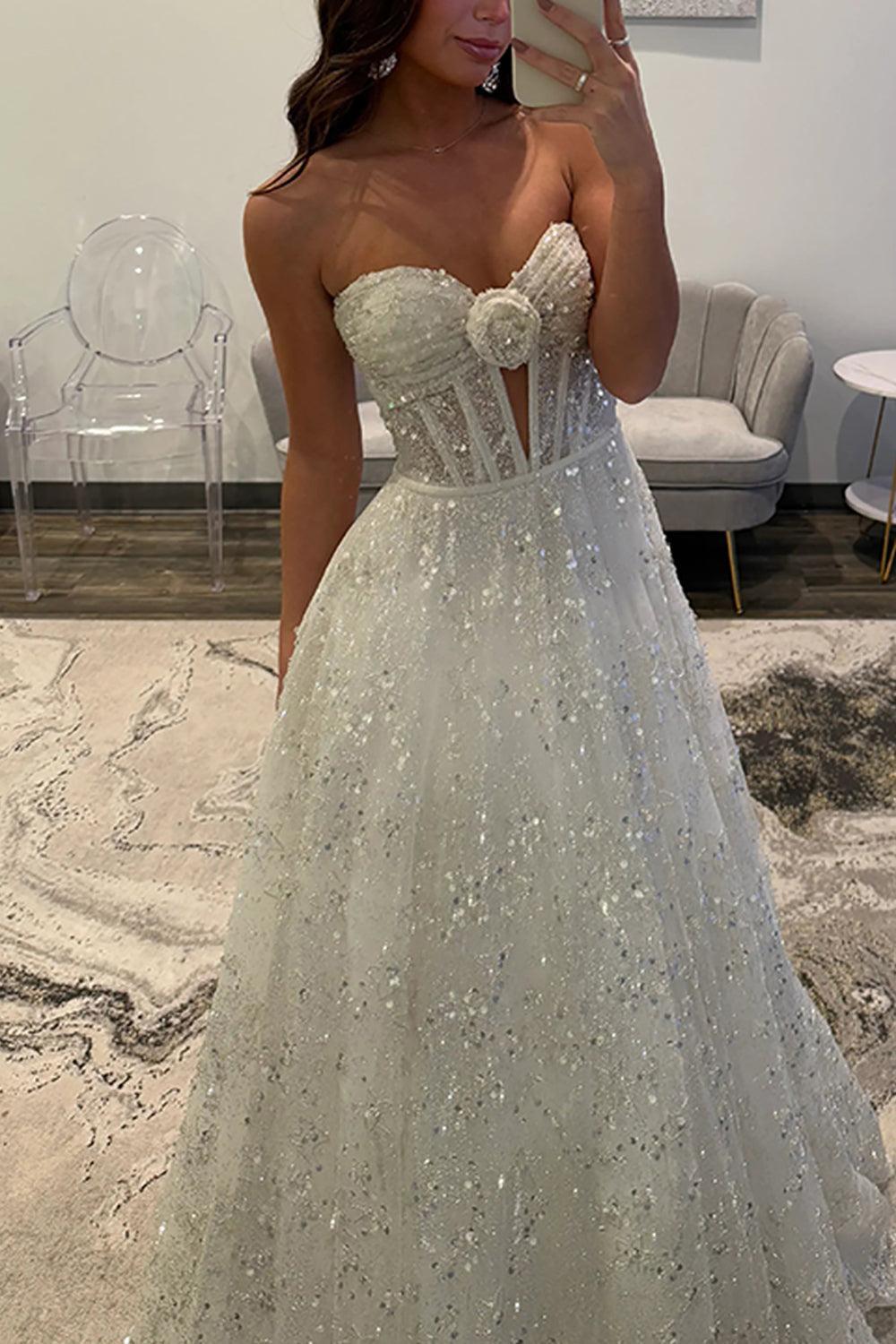 Suzhoufashion White Sequins Prom Dress Sweetheart A Line Corset Long Formal Dress With 3D Flower