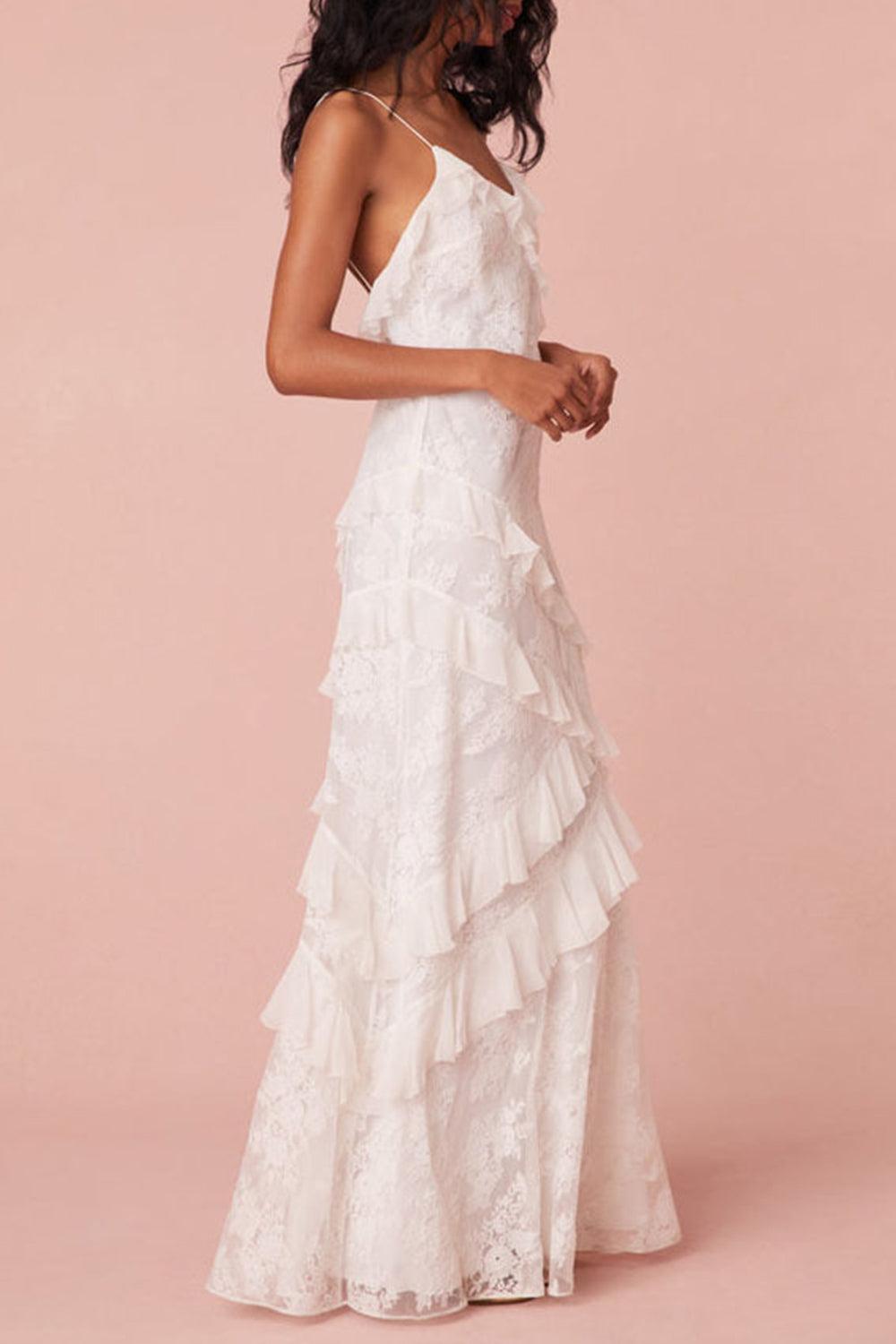 Suzhoufashion White Sheath Spaghetti Straps Backless Long Dress With Ruffles Graduation Dress Formal Evening Gown