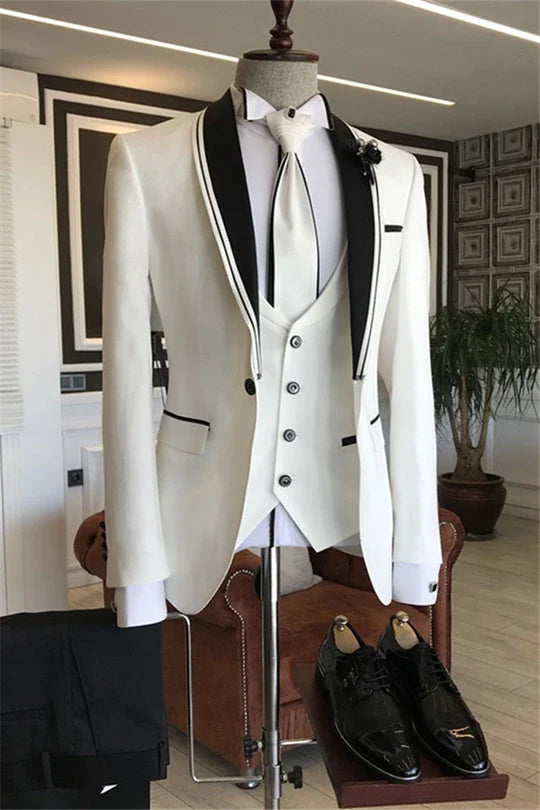 Suzhoufashion White Three Pieces Shawl Lapel Wedding Groom Suits