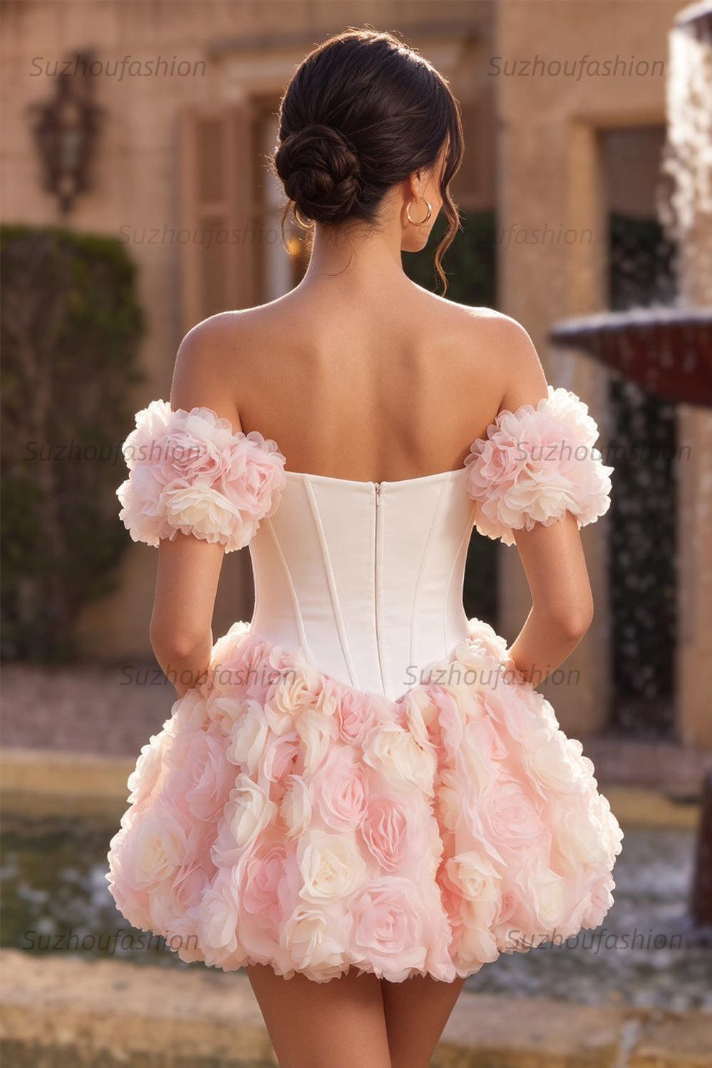 Suzhoufashion White and Pink A-Line Corset Short Homecoming Dress with 3D Flowers