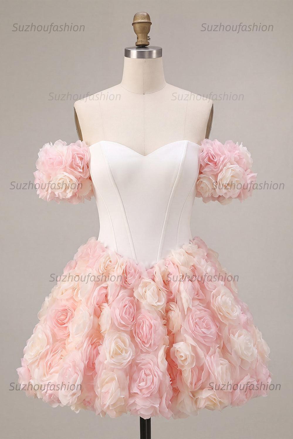 Suzhoufashion White and Pink A-Line Corset Short Homecoming Dress with 3D Flowers