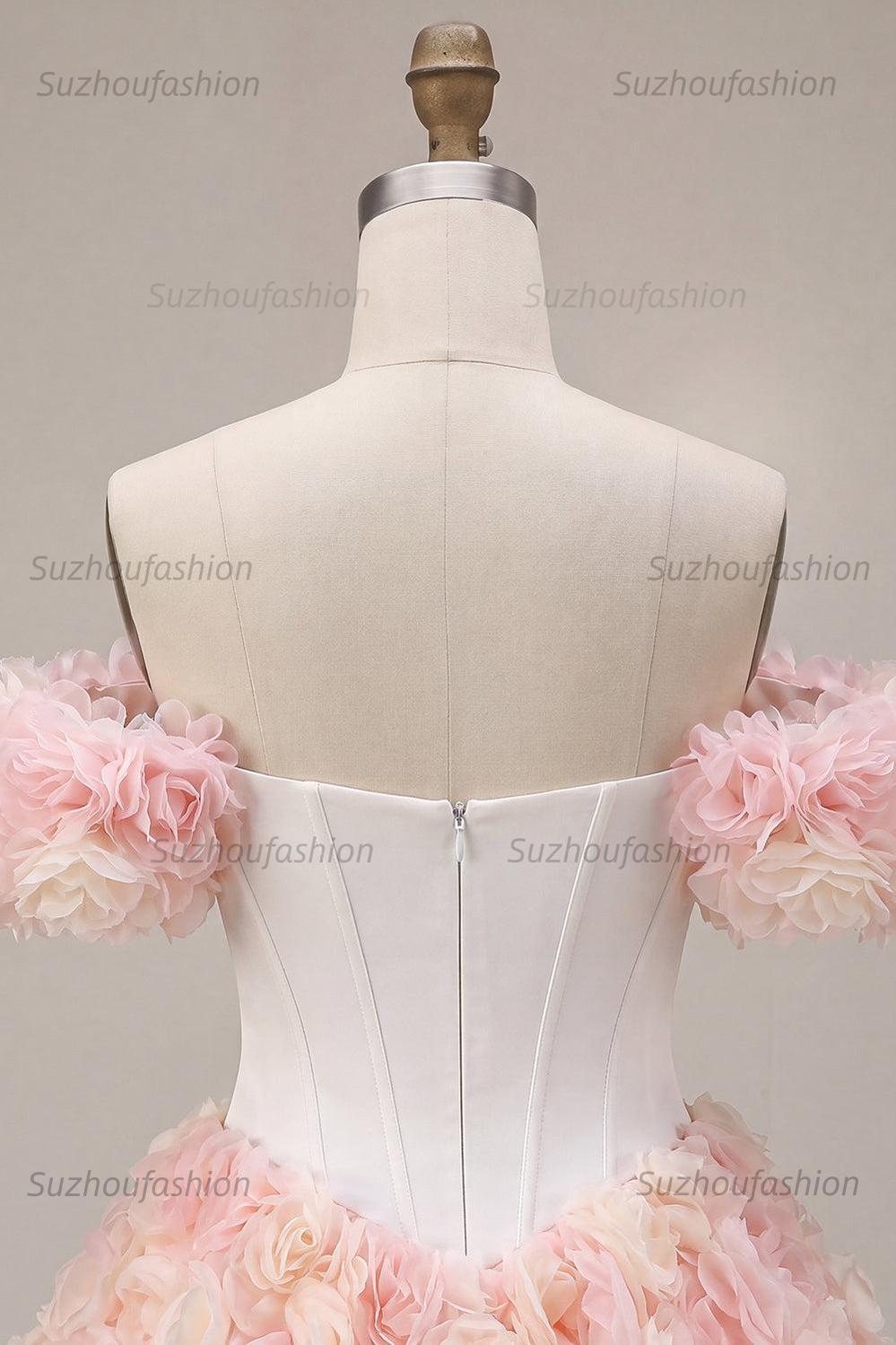 Suzhoufashion White and Pink A-Line Corset Short Homecoming Dress with 3D Flowers