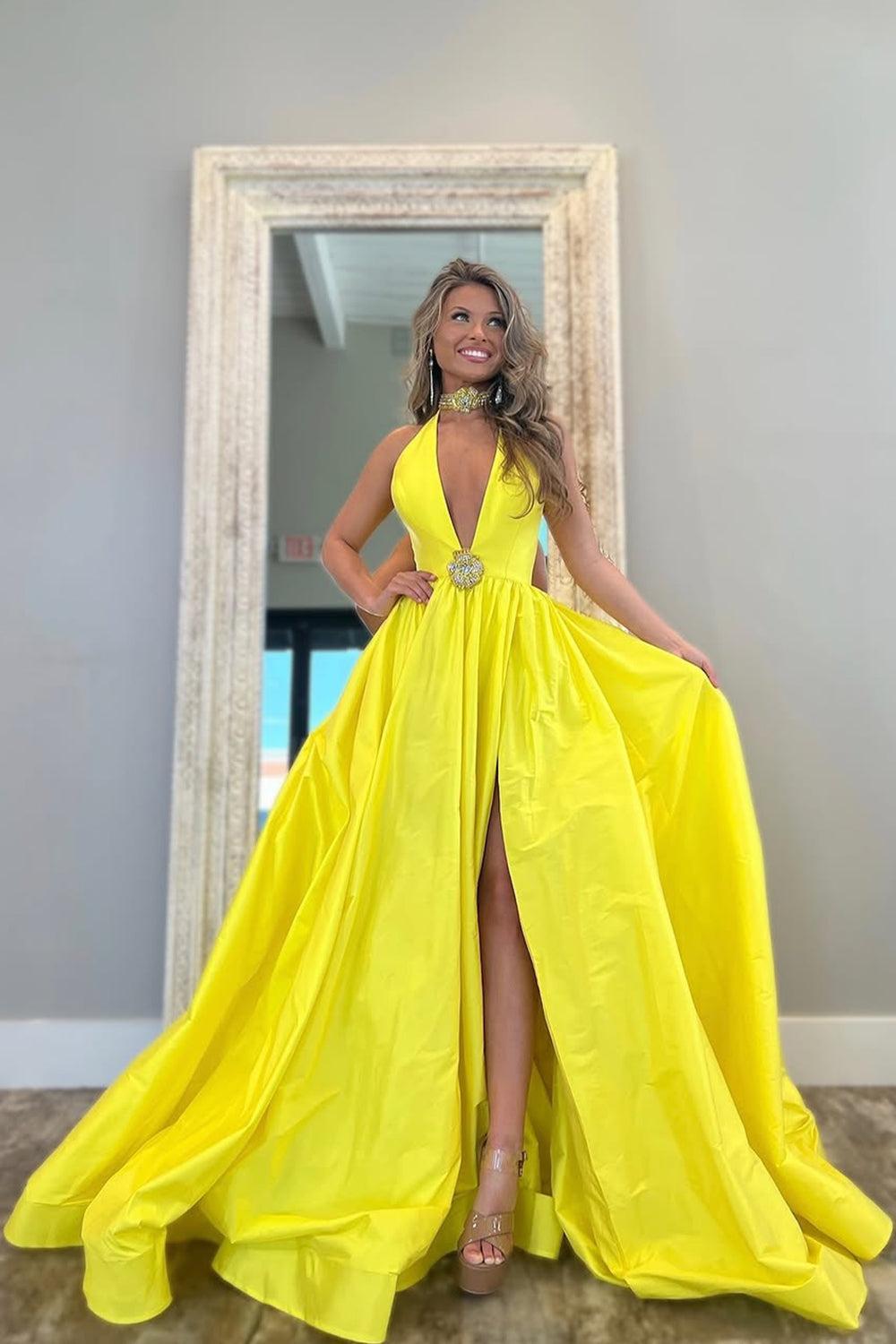 Suzhoufashion Yellow A-Line Long Satin Prom Dress With Deep V-Neck And Elegant Beading Formal Evening Gown