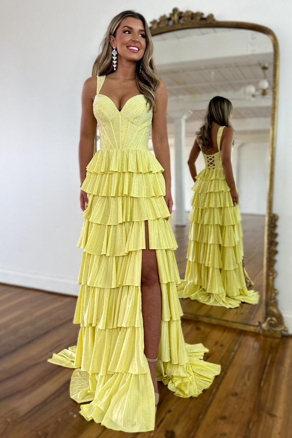 Suzhoufashion Yellow A Line Prom Dress With Lace Up Back Tiered Skirt And Leg Slit Formal Evening Gown