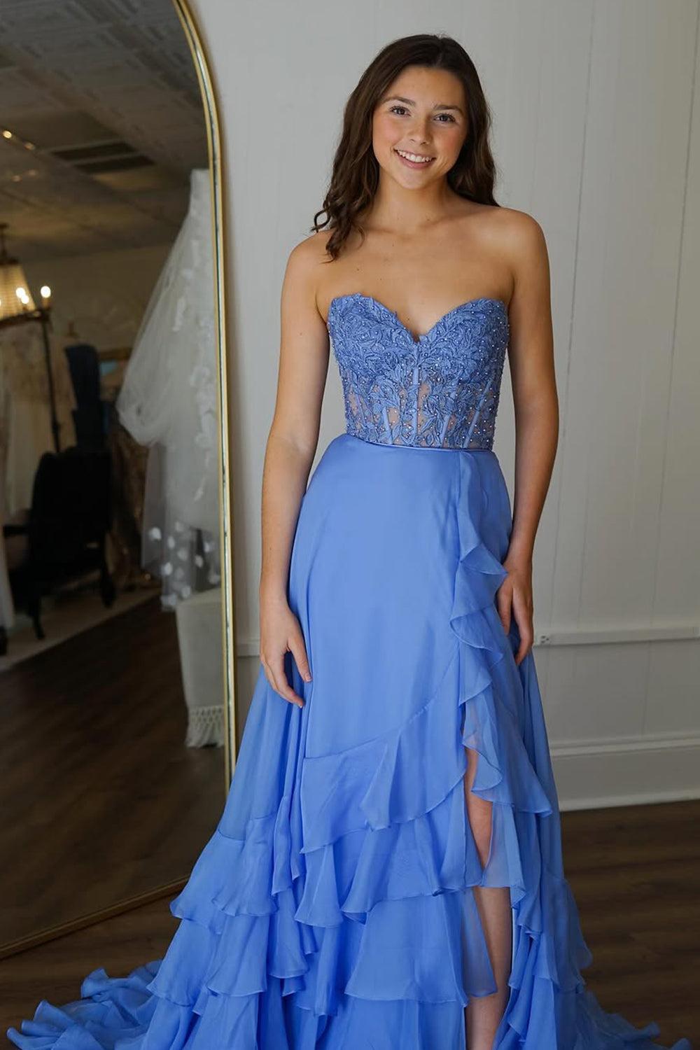 Suzhoufashion Yellow A-Line Sweetheart Lace Top Long Chiffon Prom Dress With Ruffle Skirt Formal Evening Gown